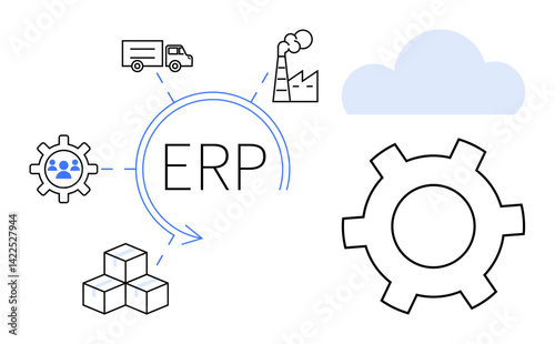Central ERP connected to gear, factory, truck, cubes, and cloud. Ideal for business process, operations, workflow, logistics manufacturing software systems simple landing page
