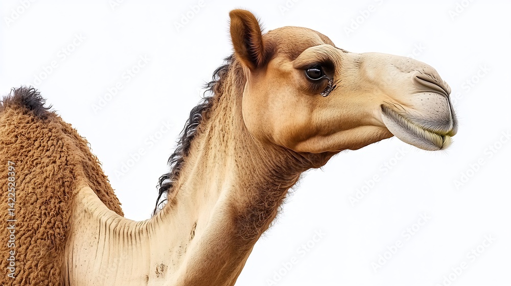 Obraz premium Camels head tilted to the side showcasing expressive eyes against a simple white background