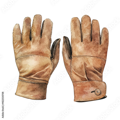 Pair Of Leather Gloves With A Button Detail, vector watercolor illustration, isolated on a white background.