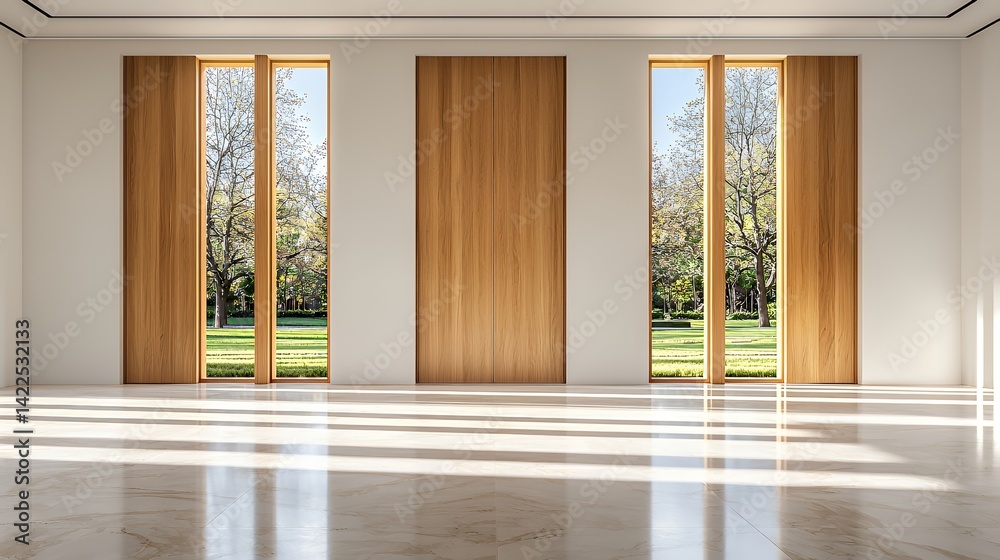 Fototapeta premium Interior with wooden doors trees in view sunlight and marble floor