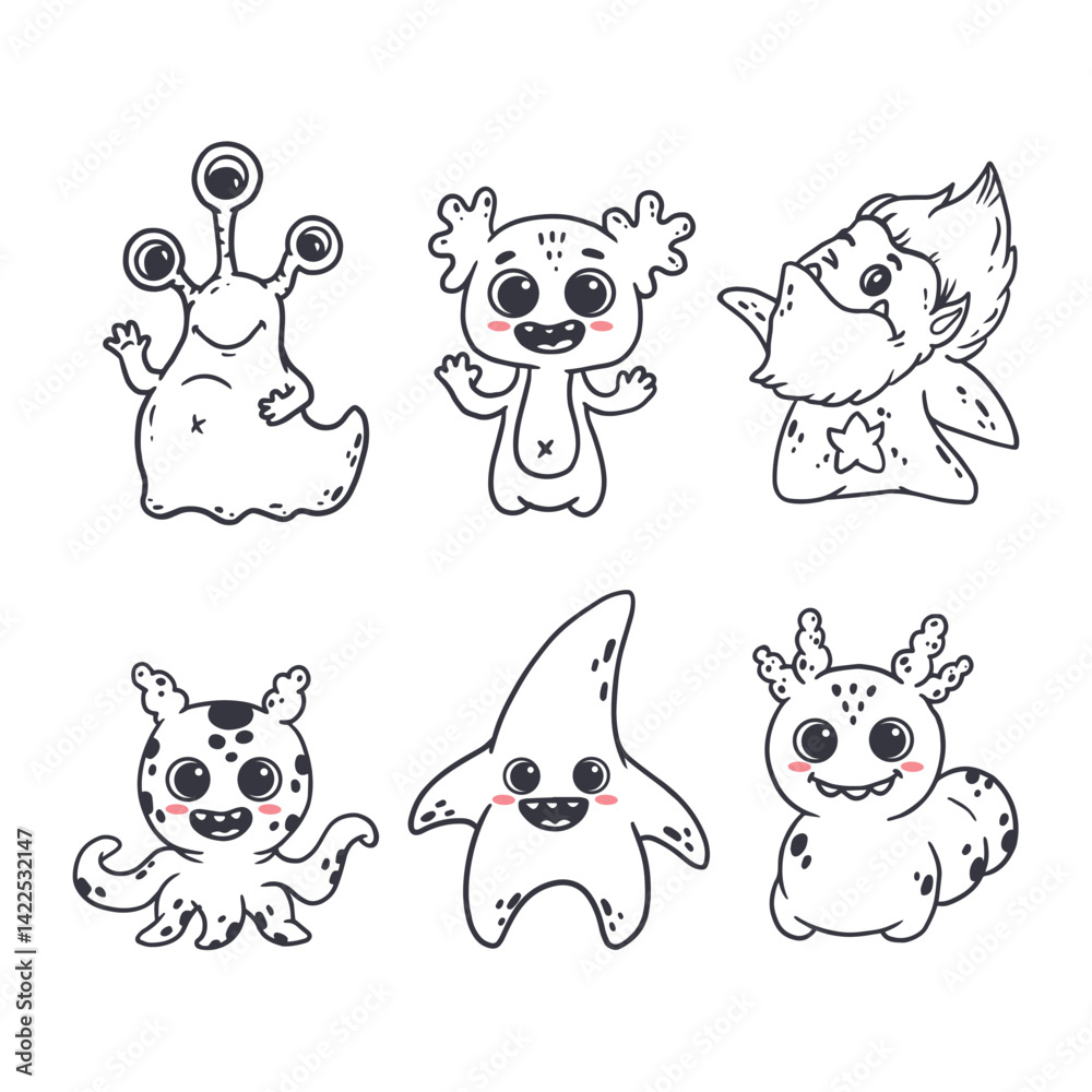 Fototapeta premium set of cartoon monsters. Cute monsters in doodle style. Kids funny character design for posters, cards, magazins. Line. Vector illustration 