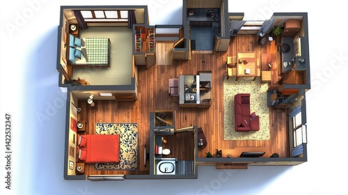 3D Render of a Cozy Apartment Layout: Two Bedrooms, Living Room, and Kitchen