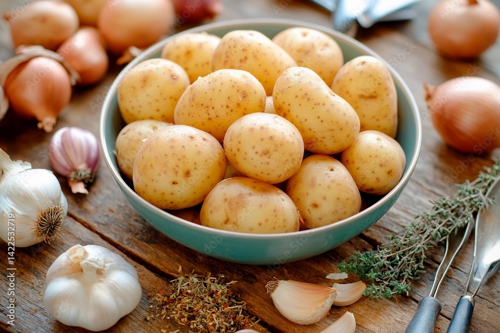 A vibrant bowl filled with freshly harvested potatoes sits on a rustic wooden table, accompanied by garlic, onions, and various herbs, showcasing a farm-to-table vibe A vibrant bowl filled with freshly harvested potatoes sits on a rustic wooden table, accompanied by garlic, onions, and various herbs, showcasing a farm-to-table vibe