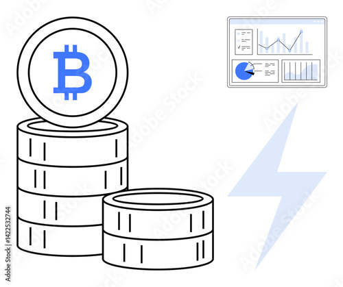 Stacked coins with Bitcoin logo, analytics dashboard with graphs and charts, and power bolt icon. Ideal for finance, cryptocurrency, blockchain, energy, investment, fintech simple landing page