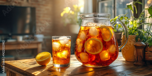 Refreshing iced tea served in a pitcher with lemon slices and ice at a cozy kitchen table in the afternoon sunlight