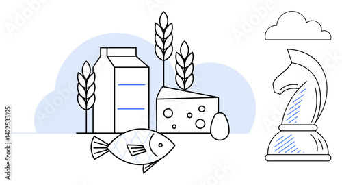 Milk carton, cheese, wheat stalks, fish, and egg with abstract knight chess piece nearby. Ideal for food, strategy, planning, healthy lifestyle agriculture sustainability decision-making flat