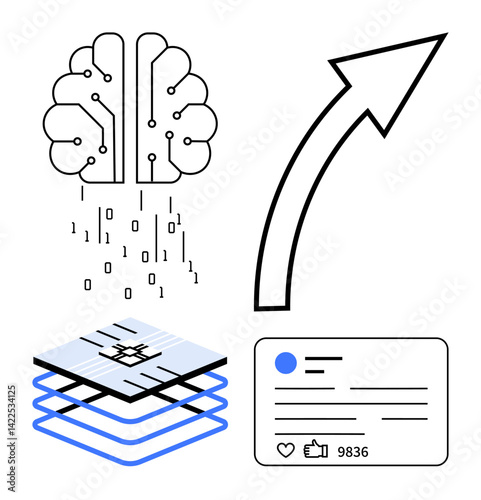 AI brain with binary data, tech layers, networking card, and upward arrow symbolizing innovation and progress. Ideal for AI, machine learning, data analysis, networking, tech advancement digital