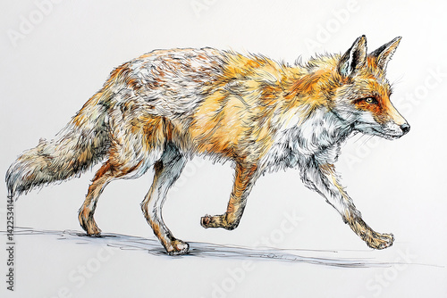 Watercolor Illustration of A Red Fox Walking Gracefully on White Background

