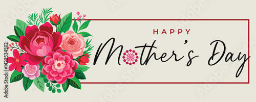 Happy mother's day calligraphy with red flower greetings banner design in vector. Happy mother's day card with flower decoration.