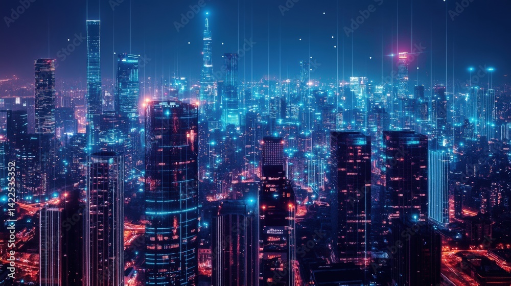 Fototapeta premium Futuristic city skyline with networking and connected communication technologies