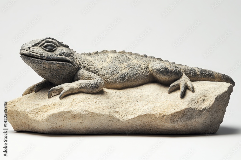 Fototapeta premium Detailed stone carving of a resting skink on a rock.
