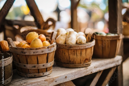Fresh Organic Produce at a Farmer Market Stand in Wooden Baskets