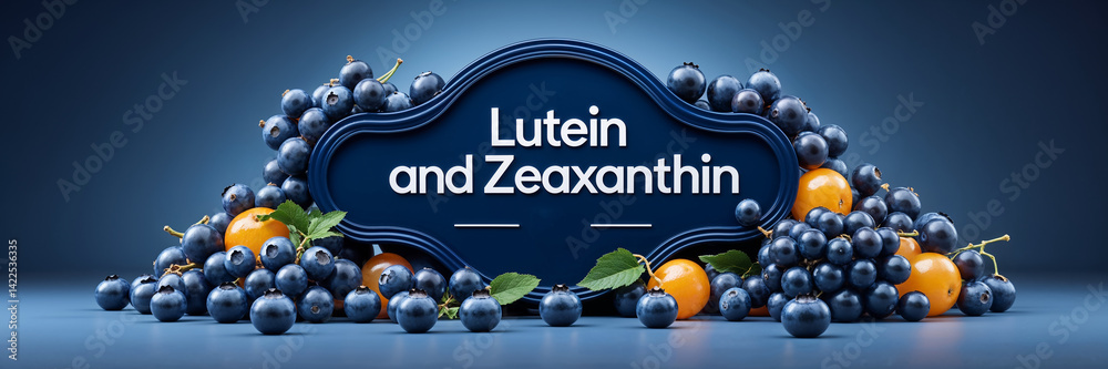 lutein and zeaxanthin sign, fresh grapes and blueberries