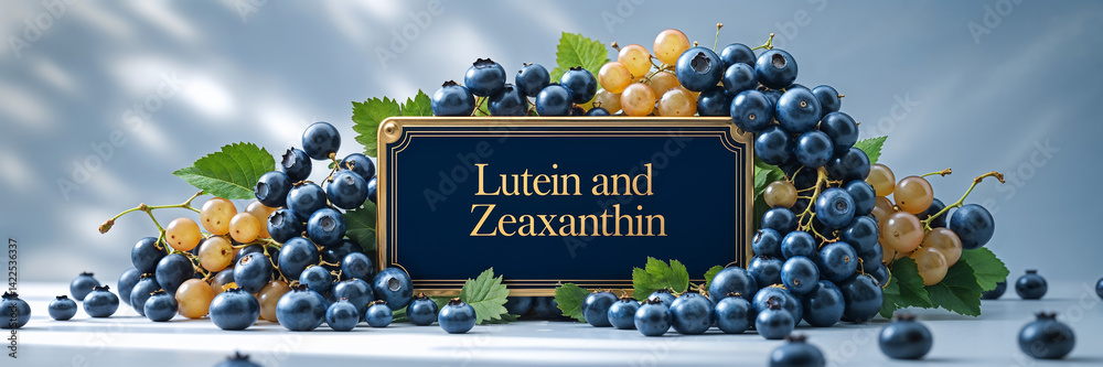lutein and zeaxanthin sign, fresh grapes and blueberries
