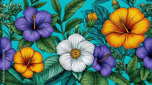 Vibrant tropical hibiscus and foliage design.