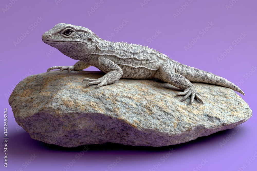 Obraz premium Gray lizard perched on a light tan rock.