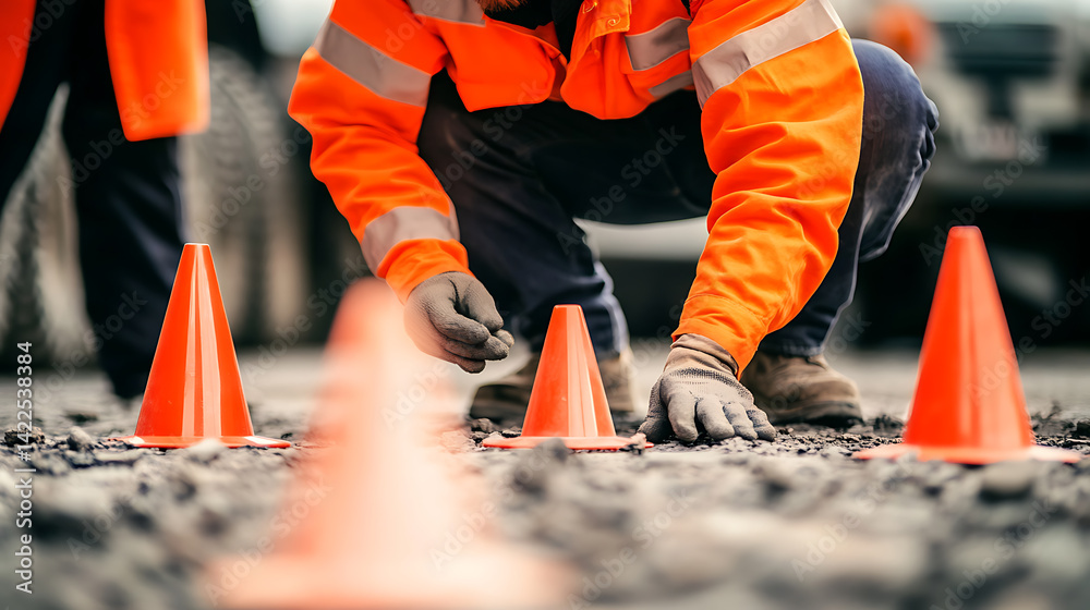 Construction Worker Placing Safety Cones