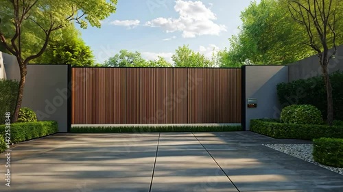 Modern wooden gate driveway, lush landscaping, sunny day