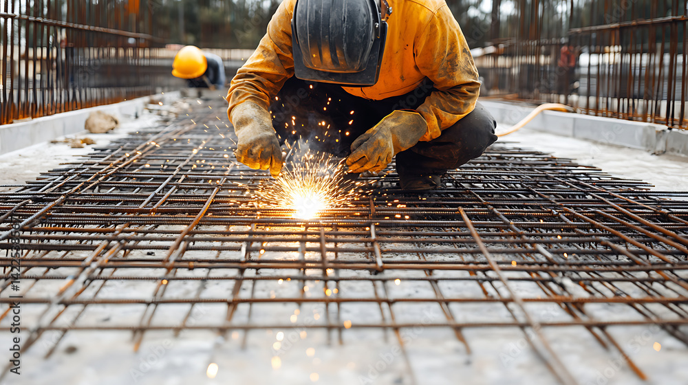 Construction Worker Welding Rebar on Site