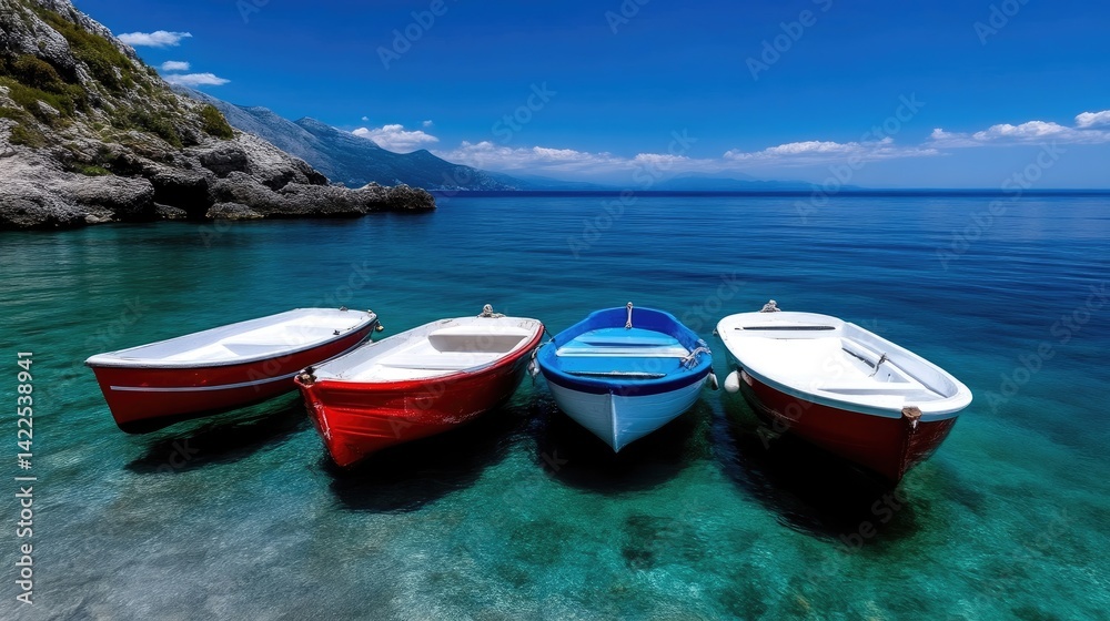 Naklejka premium Four colorful rowboats moored in a crystal-clear cove, bathed in sunlight.