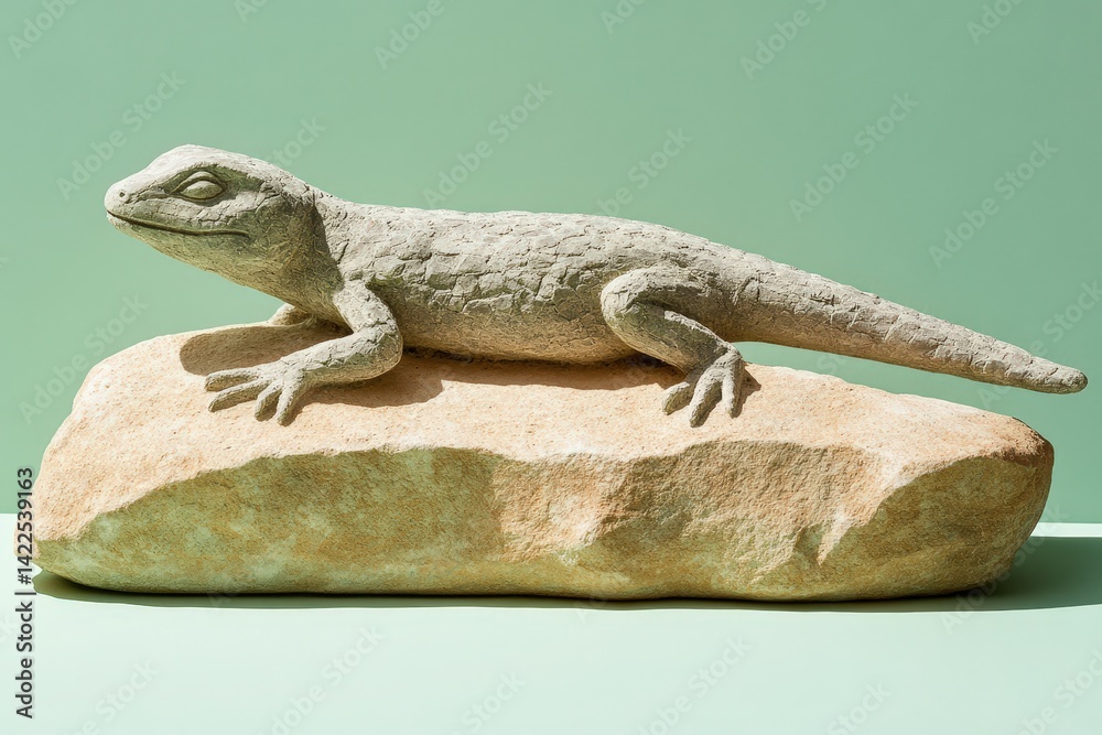 Fototapeta premium Detailed stone carving of a lizard on a rock.