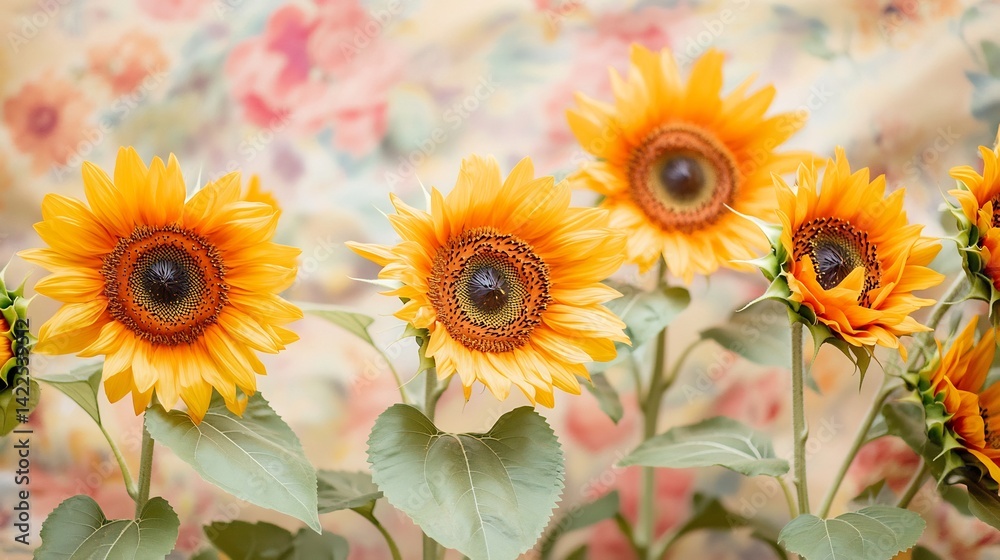 Obraz premium Close up of vibrant sunflowers with bright yellow petals set against a soft floral background