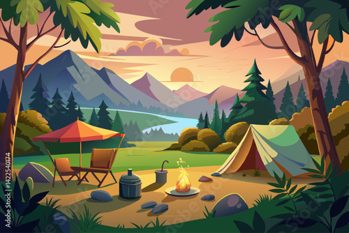 vector of Tranquil camping scene with tarp tent and picnic table at sunset, surrounded by lush forest greenery.