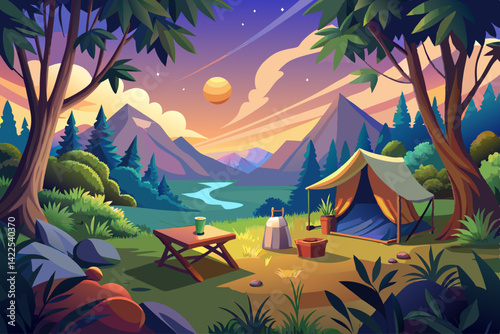 vector of Tranquil camping scene with tarp tent and picnic table at sunset, surrounded by lush forest greenery.