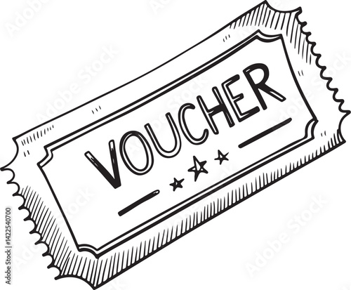 Voucher Ticket Coupon Certificate Black and White Vector Illustration, Sketch Drawing Line Linear Symbol Icon Engraving, Hand-drawn Isolated