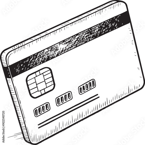 Credit or Debit Card Black and White Vector Illustration, Sketch Drawing Line Linear Symbol Icon Engraving, Hand-drawn Isolated