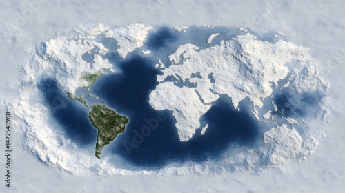 Global ice age, showing landmasses emerging from a frozen ocean.