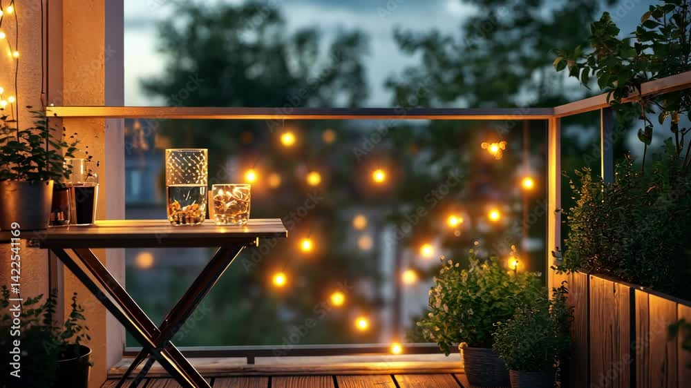 Warm string lights glowing above trees and wooden fence. 
