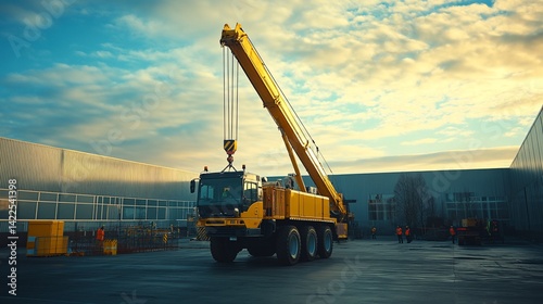 Yellow Crane Truck at Industrial Site at Sunset photo