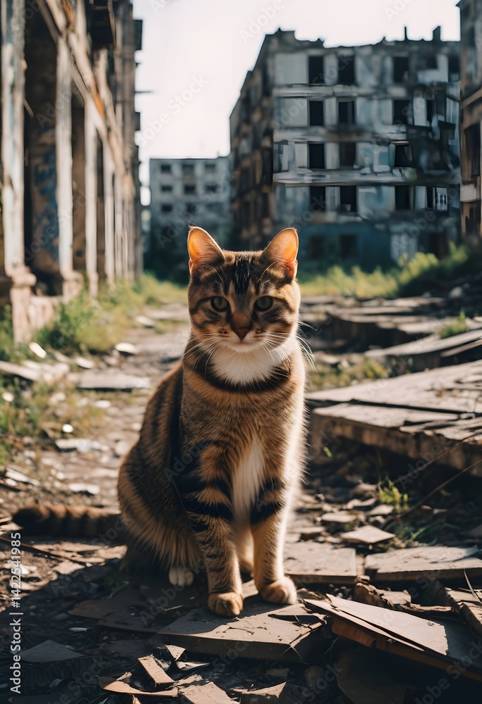 Fototapeta premium Tabby Cat in Destroyed Building Rubble