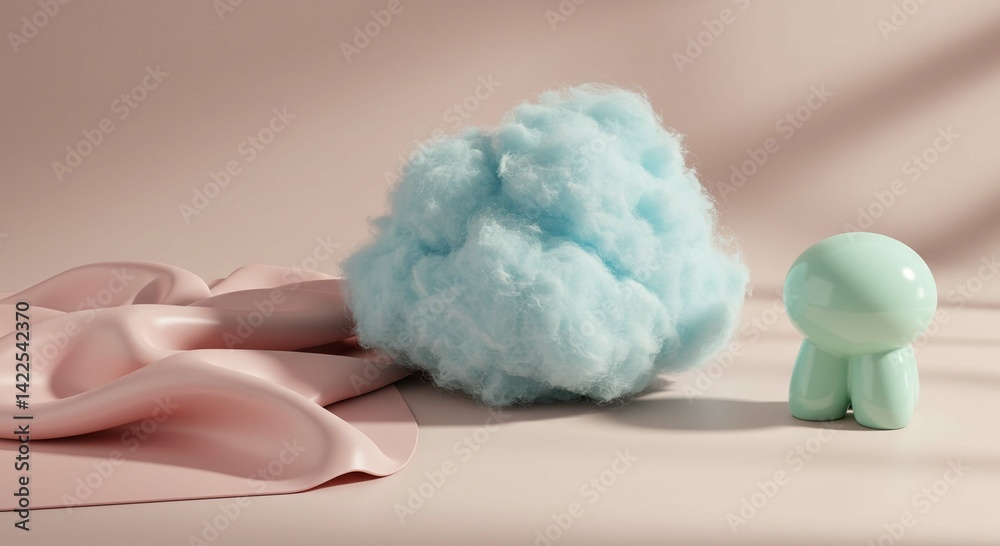Obraz premium Pastel Pink Fabric Light Blue Cotton Candy and Mint Green Figurine on a Soft Background