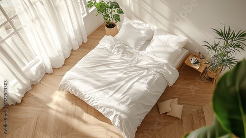 Serene Bedroom: Sunlit Minimalist Haven with White Bedding and Plants