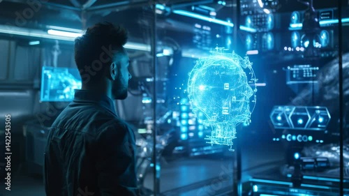 Wallpaper Mural Person uses futuristic AI control panel in dark lab, digital dashboard and holographic technology in future. Concept of data, cyber tech, innovation, research. Torontodigital.ca