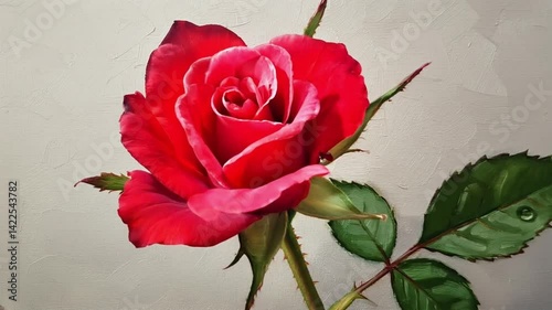 A single red rose with green leaves opens on a neutral background