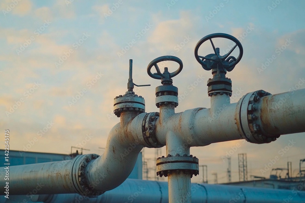 In an energy facility during sunset, a network of industrial pipes connects to several valves. The warm hues of the sky highlight the metallic structure, showcasing a blend of nature and industry In an energy facility during sunset, a network of industrial pipes connects to several valves. The warm hues of the sky highlight the metallic structure, showcasing a blend of nature and industry