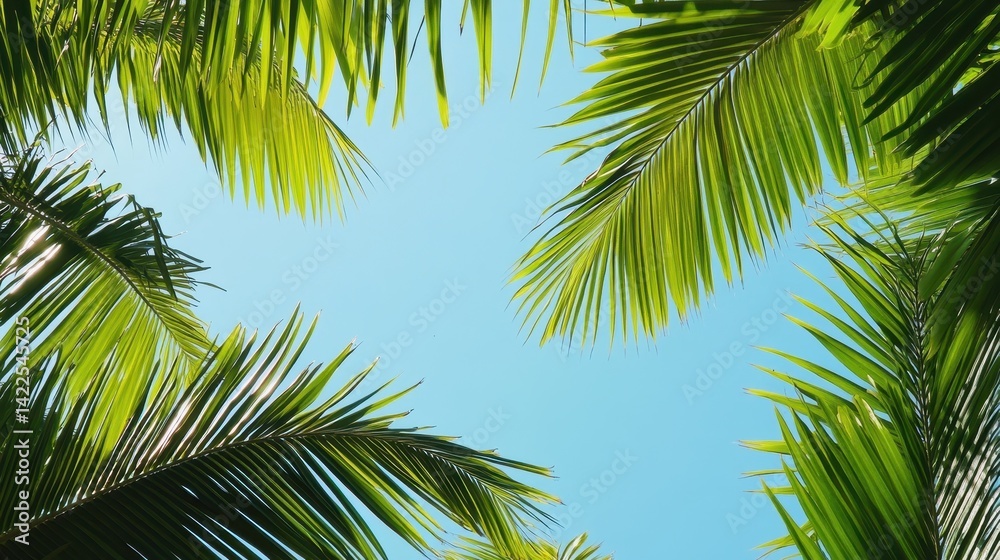 Fototapeta premium Lush tropical foliage framing a vibrant blue sky.