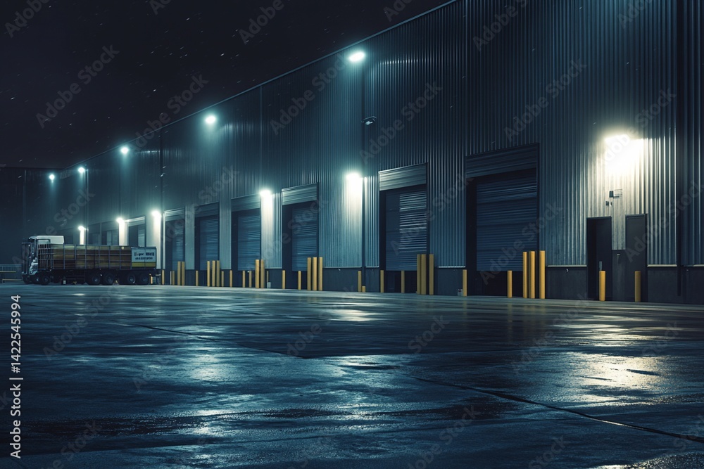 Nighttime Industrial Building Exterior with Truck and Loading Docks
