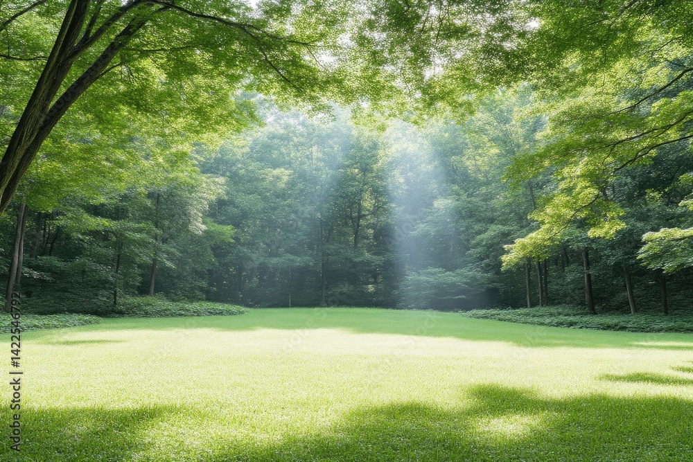 Obraz premium Sunbeam shines through dense green trees onto a lush grassy clearing in a peaceful forest.