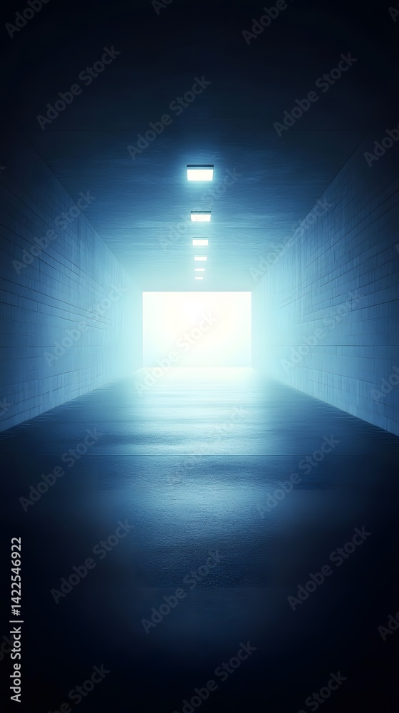 Dark Blue Tunnel with Bright Lights at the End Futuristic Dark Blue Tunnel with Bright Lights at the End Futuristic