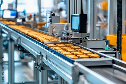 A conveyor system is busy moving rows of freshly baked cookies in a contemporary factory. Machines and screens operate efficiently in bright, well-lit surroundings