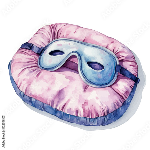 Neck Pillow And Sleep Mask, vector watercolor illustration, isolated on a white background.