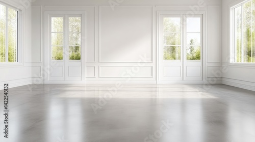 Sunlit, empty white room with French doors and paneled walls.