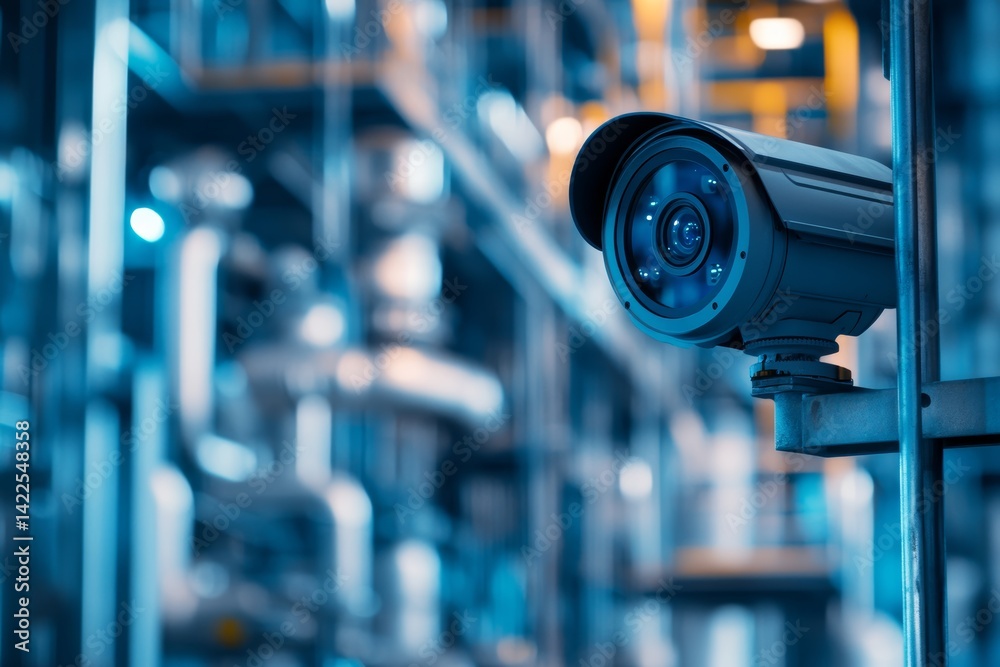 Close up of cctv camera in industrial setting for oil and gas security system concept Close up of cctv camera in industrial setting for oil and gas security system concept