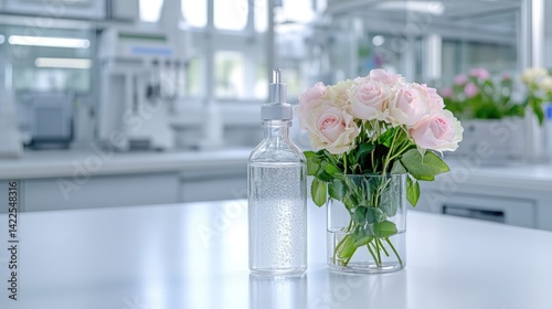 Pink roses in a lab setting. Clear liquid in a bottle beside a bouquet of pale pink roses
