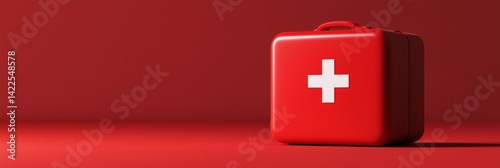 Red first aid kit with white cross on solid background