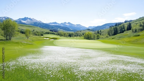 Scenic golf course with mountain backdrop. Lush green fairways and a pristine putting green are dotted with wildflowers.  Clear blue sky and towering peaks in the distance